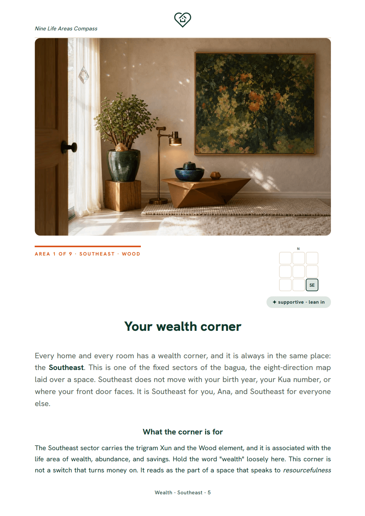 The wealth corner chapter opener, with its verdict for the reader's Kua.