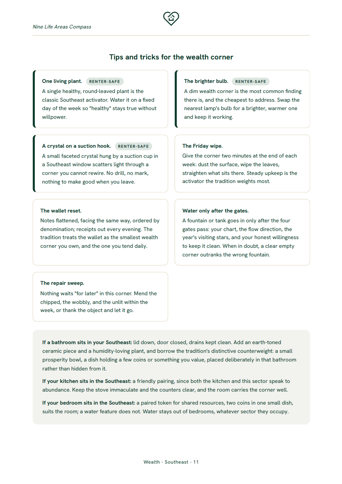 A tips page for the wealth corner, several renter-safe moves marked.