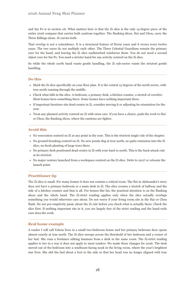 A sector treatment page showing the six-box structure: what this means, do this, avoid this, practitioner tip, real home example, if you only do one thing.