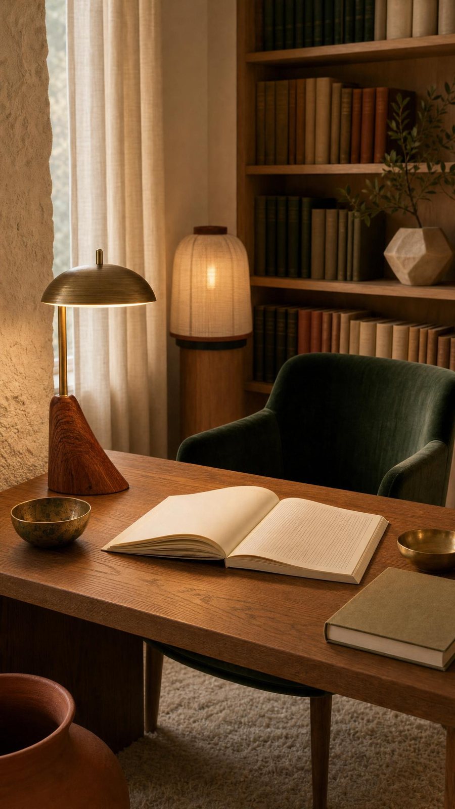 A quiet study desk at evening lamplight with an open primer and a reading lamp