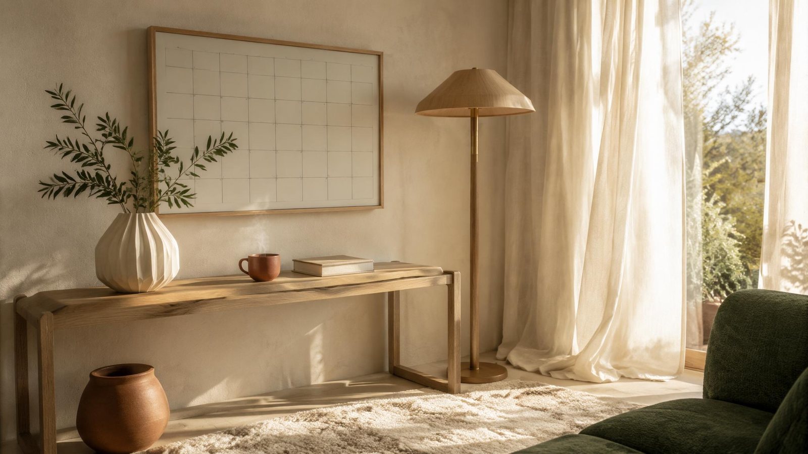 A calm morning corner with a wall calendar, steaming tea and sheer curtains
